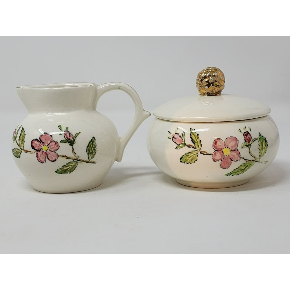 Vintage Sugar And Creamer‎ Bowls Signed "Maline 1962" Pink Flowers Green Leaves